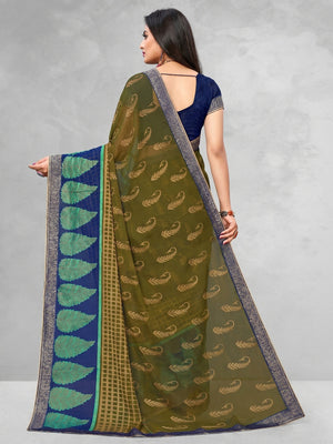 Glowing Olive Green Colored Casual Wear Printed Brasso Saree - Image 1