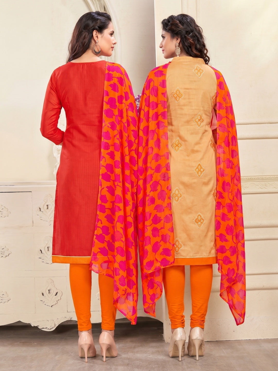Imposing Red And Beige Colored Dual Top Chanderi - Cotton Dress Material - Image 1