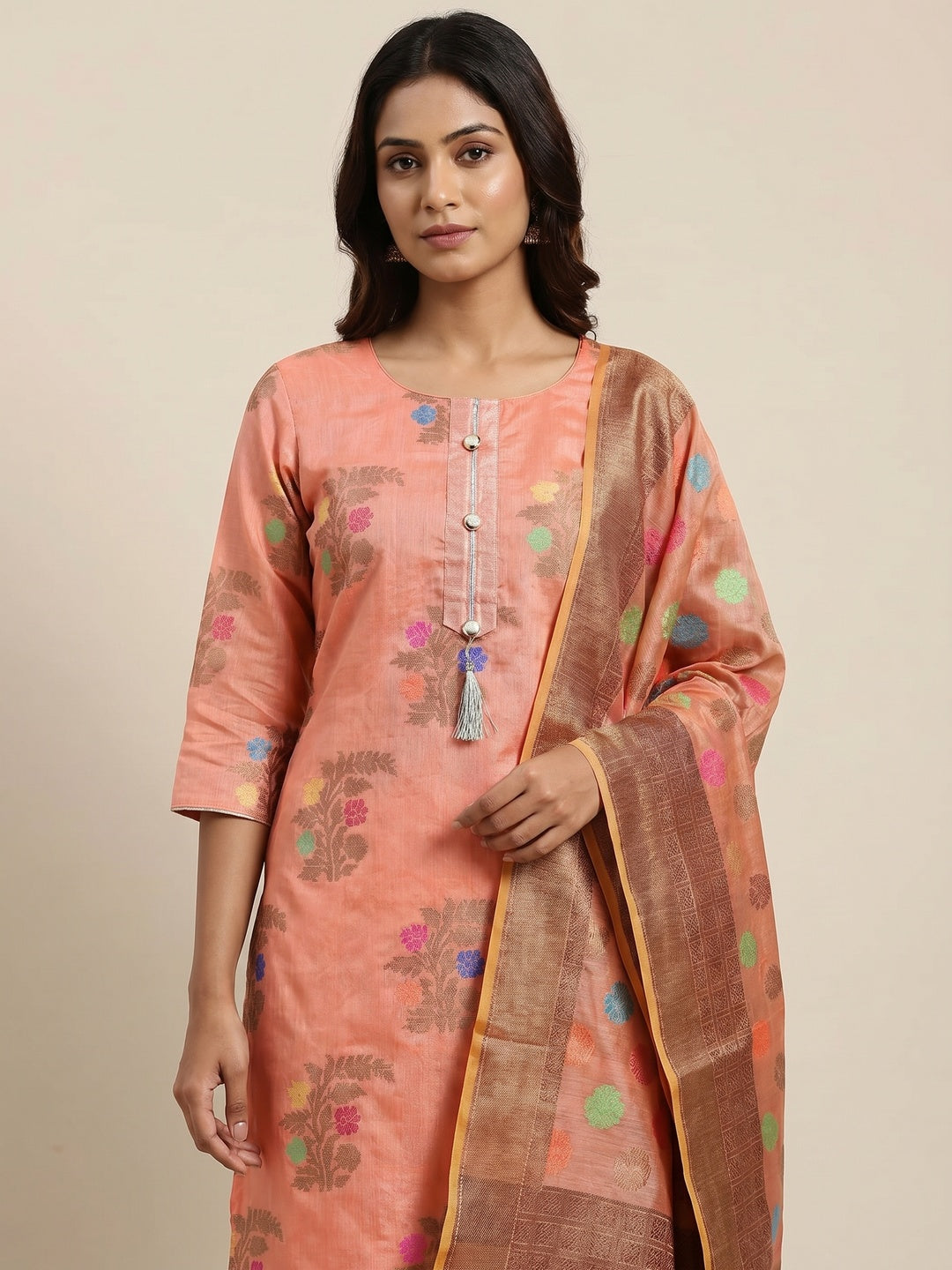 Sophisticated Peach Colored Festive Wear Woven Heavy Banarasi Silk Dress Material - Image 1