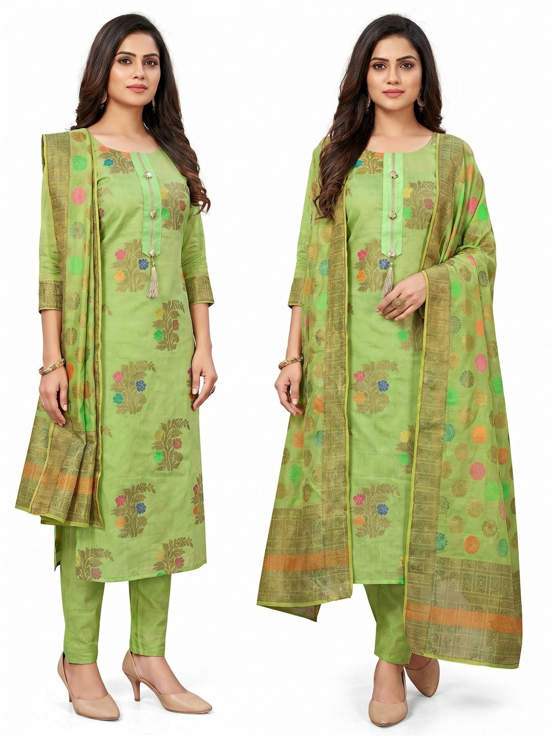 Elegant Green Colored Festive Wear Woven Heavy Banarasi Silk Dress Material - Image 1