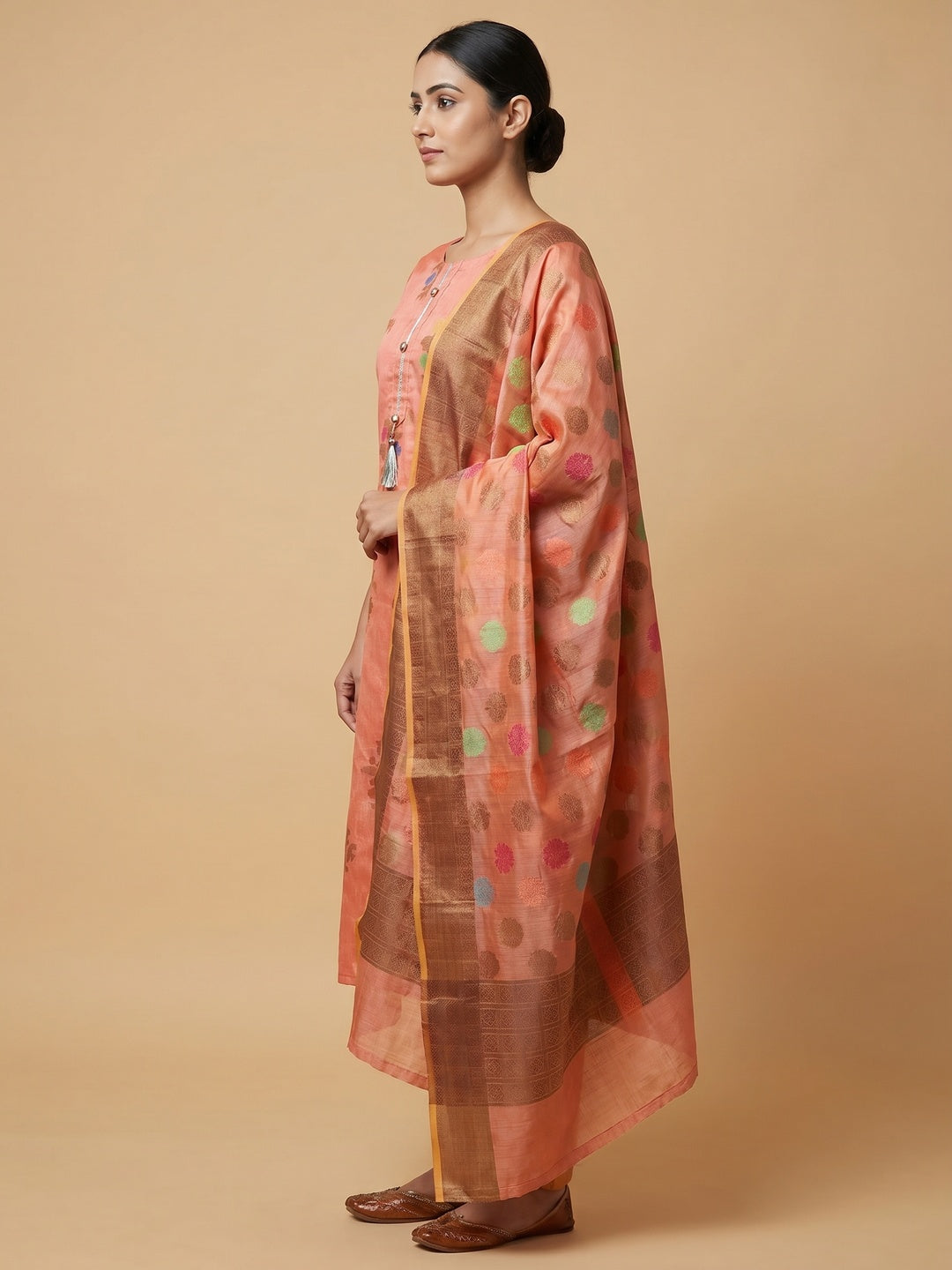 Sophisticated Peach Colored Festive Wear Woven Heavy Banarasi Silk Dress Material - Image 2