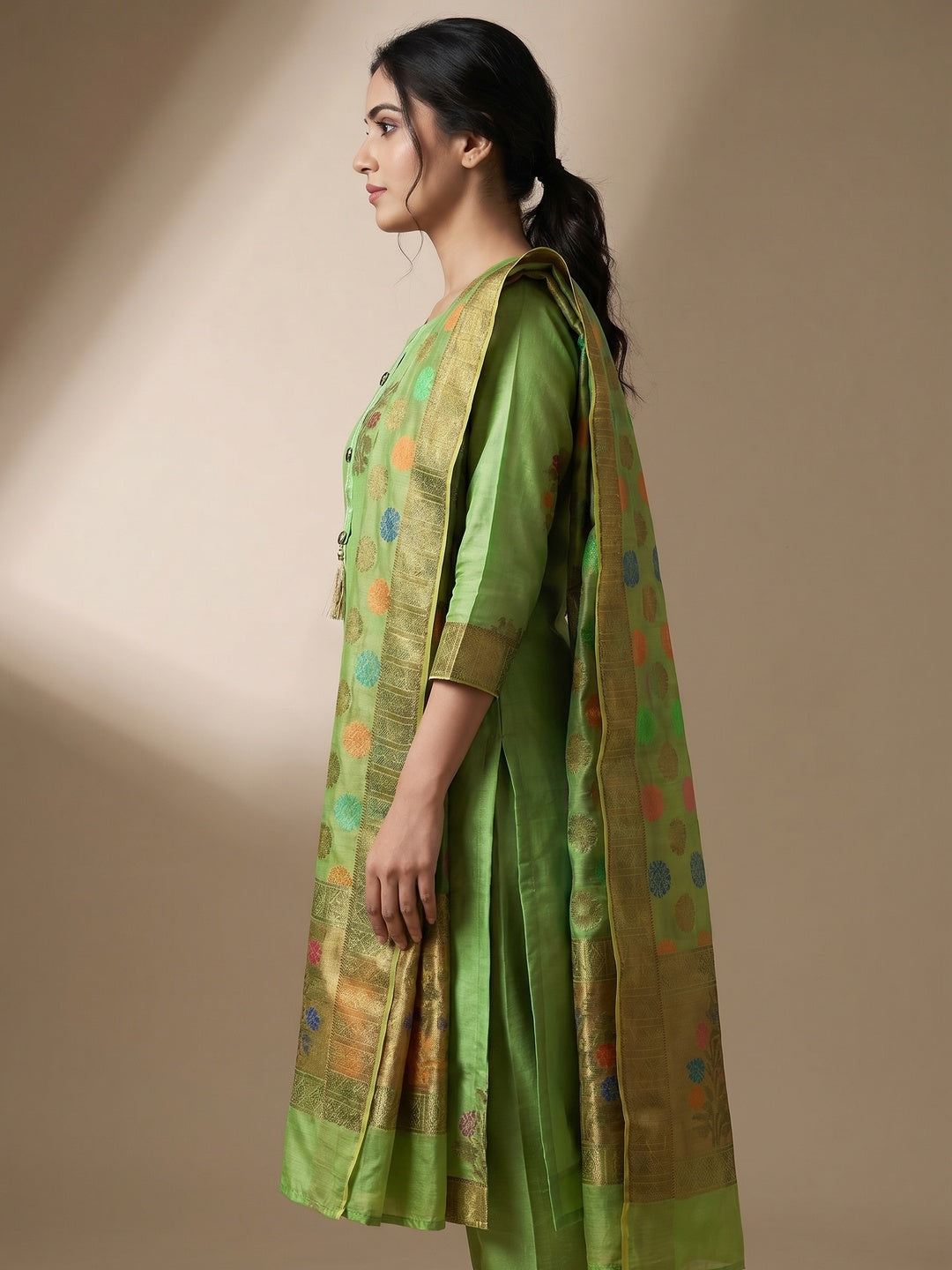 Elegant Green Colored Festive Wear Woven Heavy Banarasi Silk Dress Material - Image 3