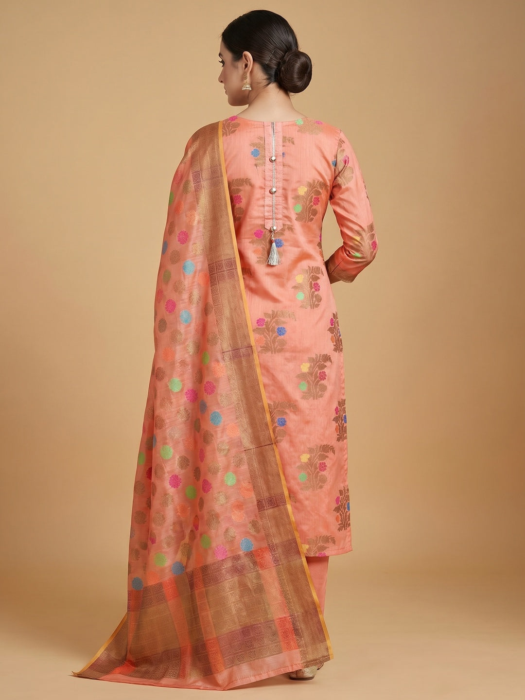 Sophisticated Peach Colored Festive Wear Woven Heavy Banarasi Silk Dress Material - Image 3