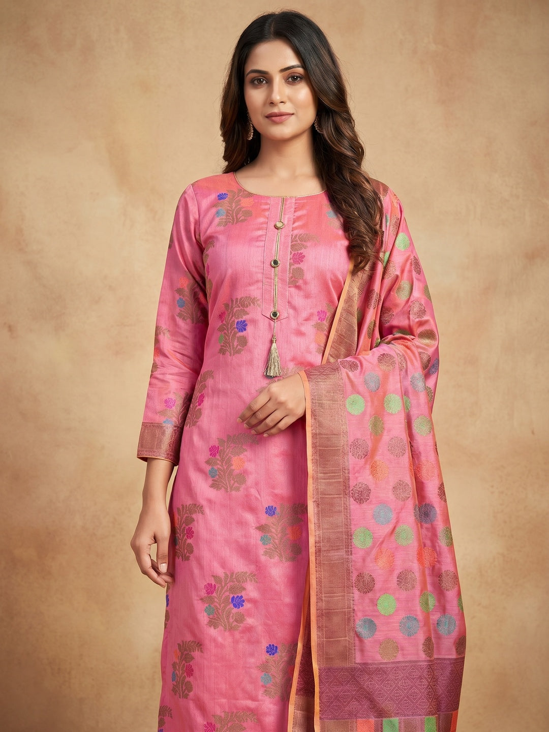 Radiant Pink Colored Festive Wear Woven Heavy Banarasi Silk Dress Material - Image 1