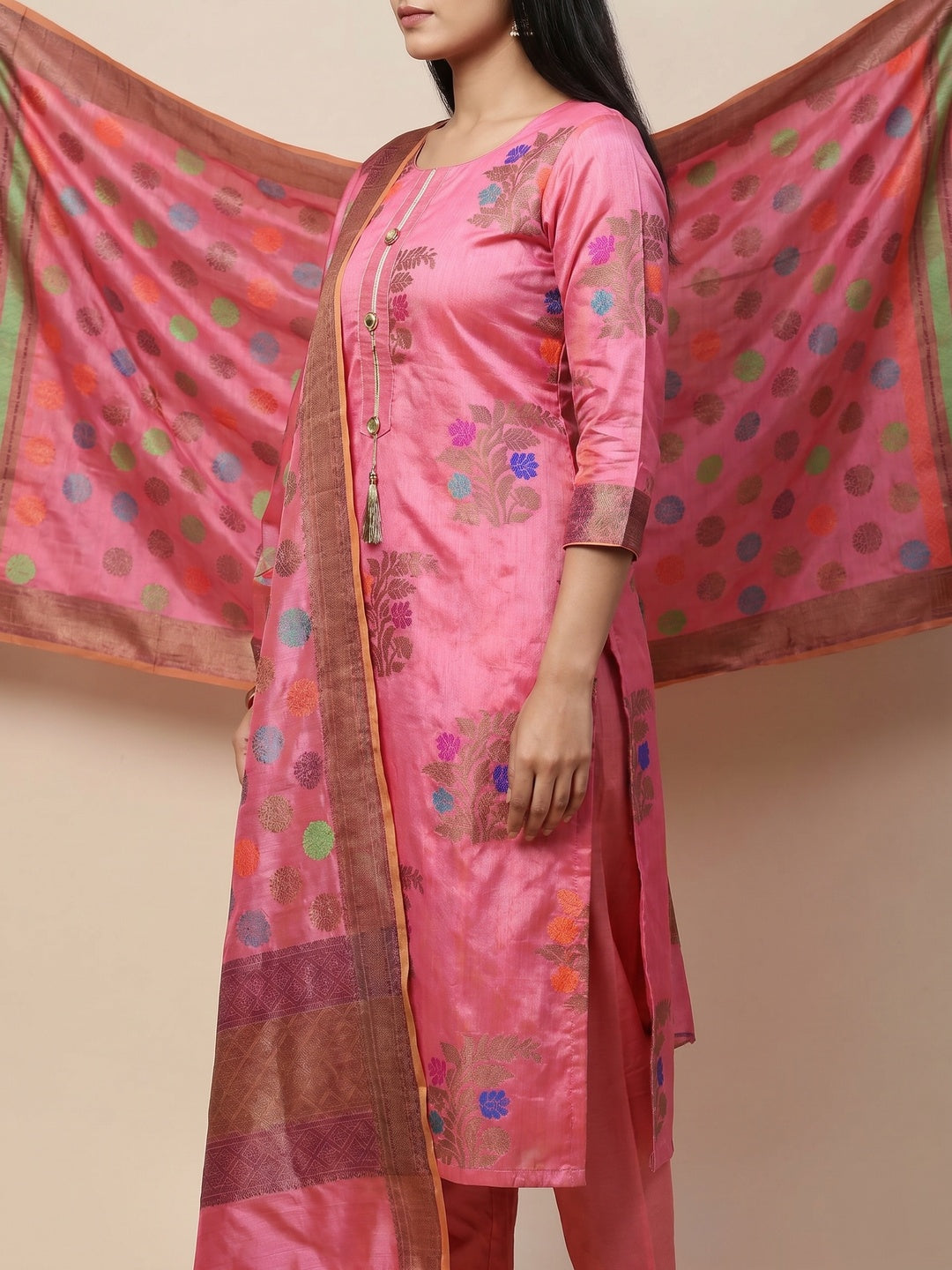 Radiant Pink Colored Festive Wear Woven Heavy Banarasi Silk Dress Material - Image 3