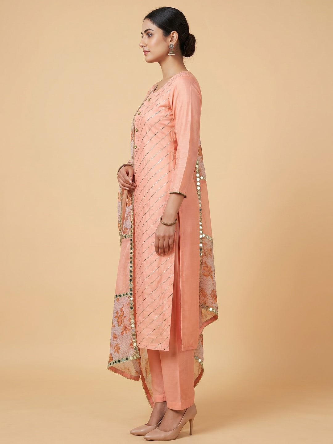 Glorious Peach Colored Casual Wear Embroidered Modal Silk Dress Material - Image 3