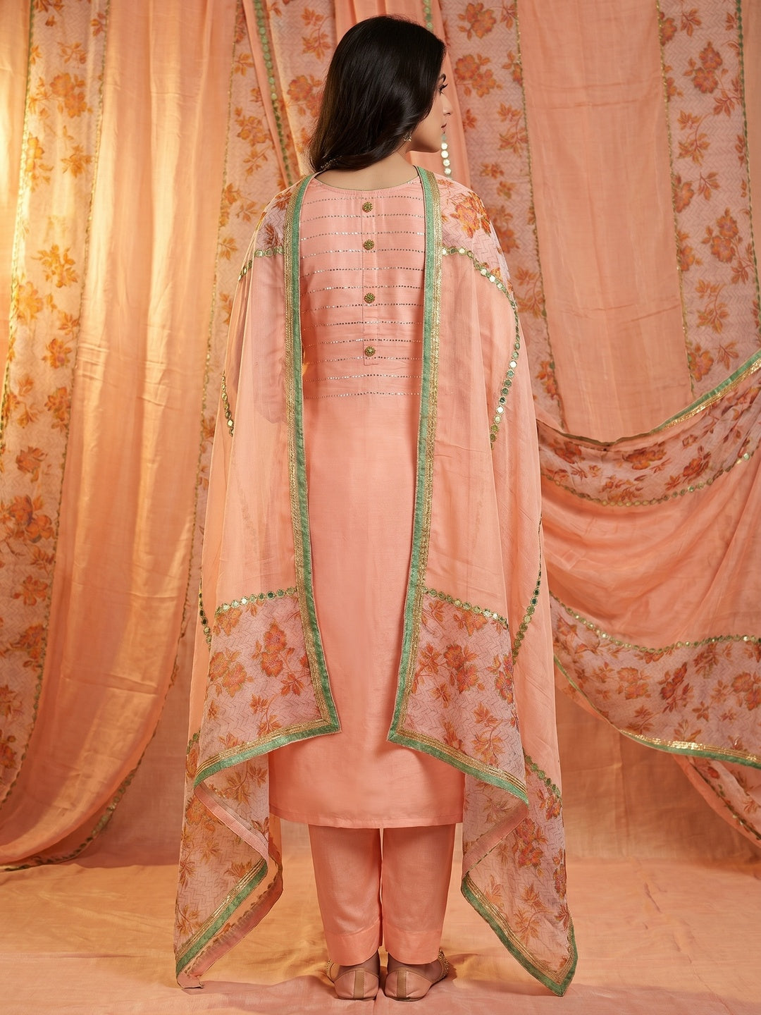 Glorious Peach Colored Casual Wear Embroidered Modal Silk Dress Material - Image 2