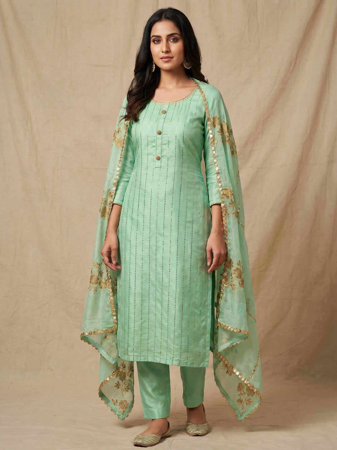 Blooming Green Colored Casual Wear Embroidered Modal Silk Dress Material - Image 1