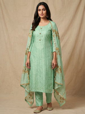 Blooming Green Colored Casual Wear Embroidered Modal Silk Dress Material - Image 1