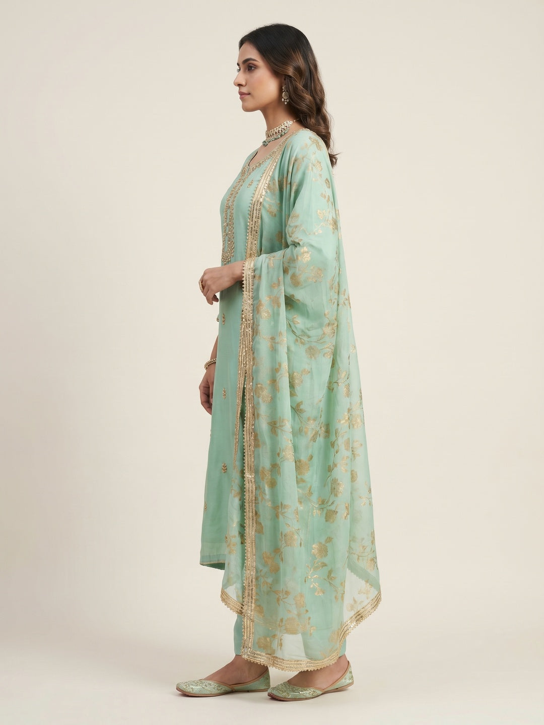 Blooming Green Colored Casual Wear Embroidered Modal Silk Dress Material - Image 3