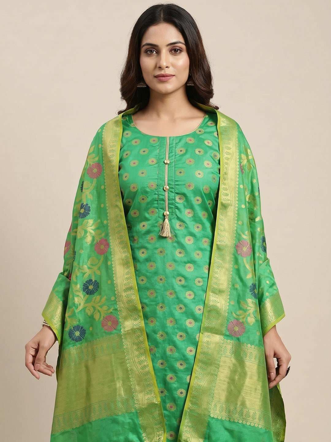 Exclusive Green Colored Festive Wear Woven Banarasi Silk Dress Material - Image 1