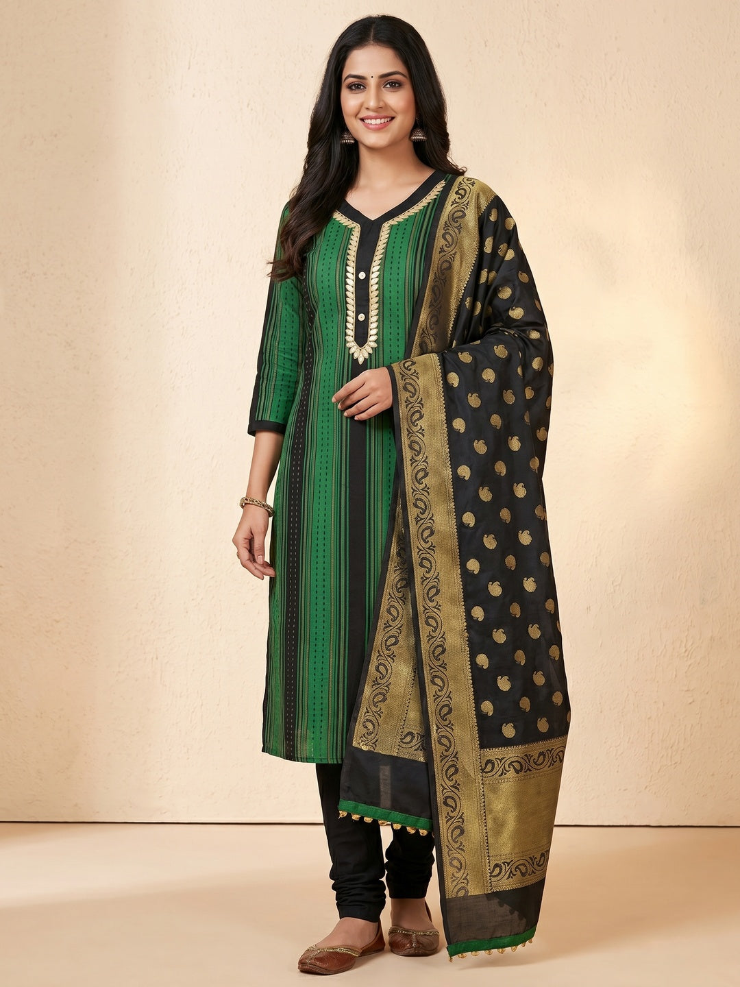 Elegant Green Colored Festive Wear Embroidered Woven Cotton Dress Material - Image 1