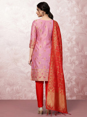 Desirable Pink Colored Festive Wear Woven Banarasi Silk Dress Material - Image 1