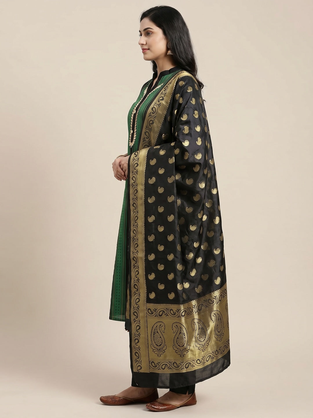 Elegant Green Colored Festive Wear Embroidered Woven Cotton Dress Material - Image 3