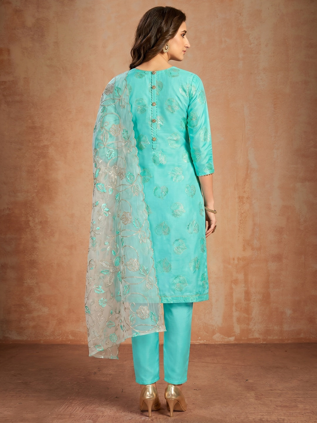 Staring Turquoise Blue Colored Partywear Embroidered Pure Cotton Dress Material - Image 1