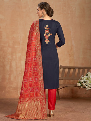 Dazzling Navy Blue Colored Partywear Embroidered Pure Cotton Dress Material - Image 1