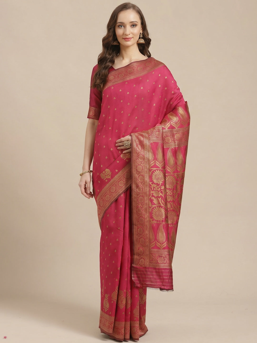 Flirty Pink Colored Festive Wear Woven Silk Blend Saree - Image 3