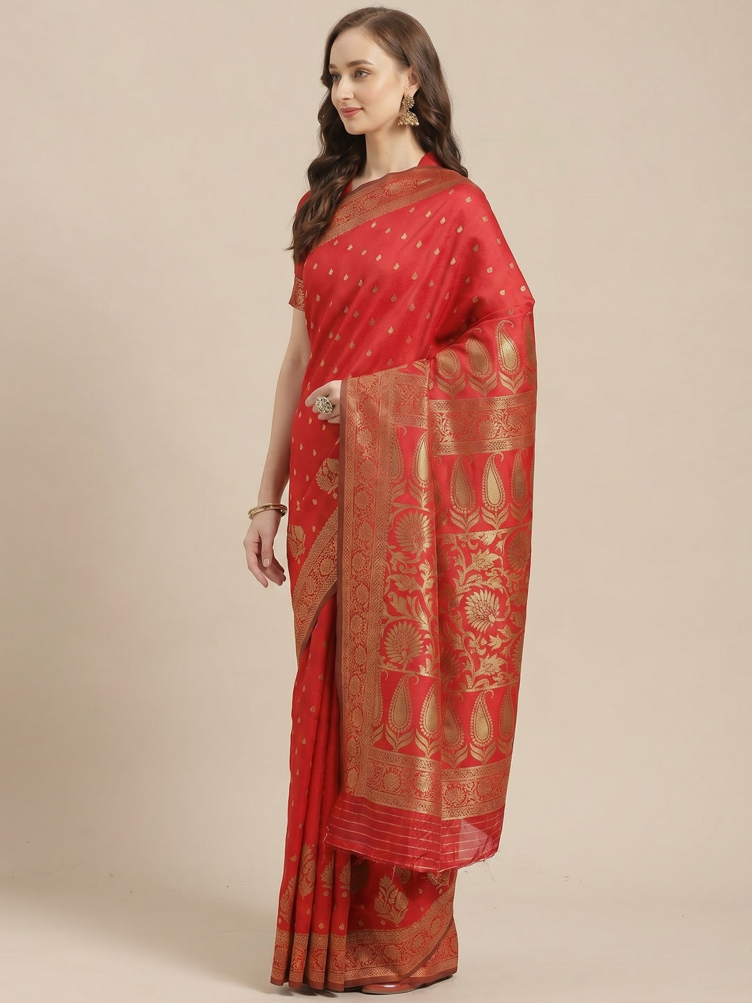 Glorious Red Colored Festive Wear Woven Silk Blend Saree - Image 1