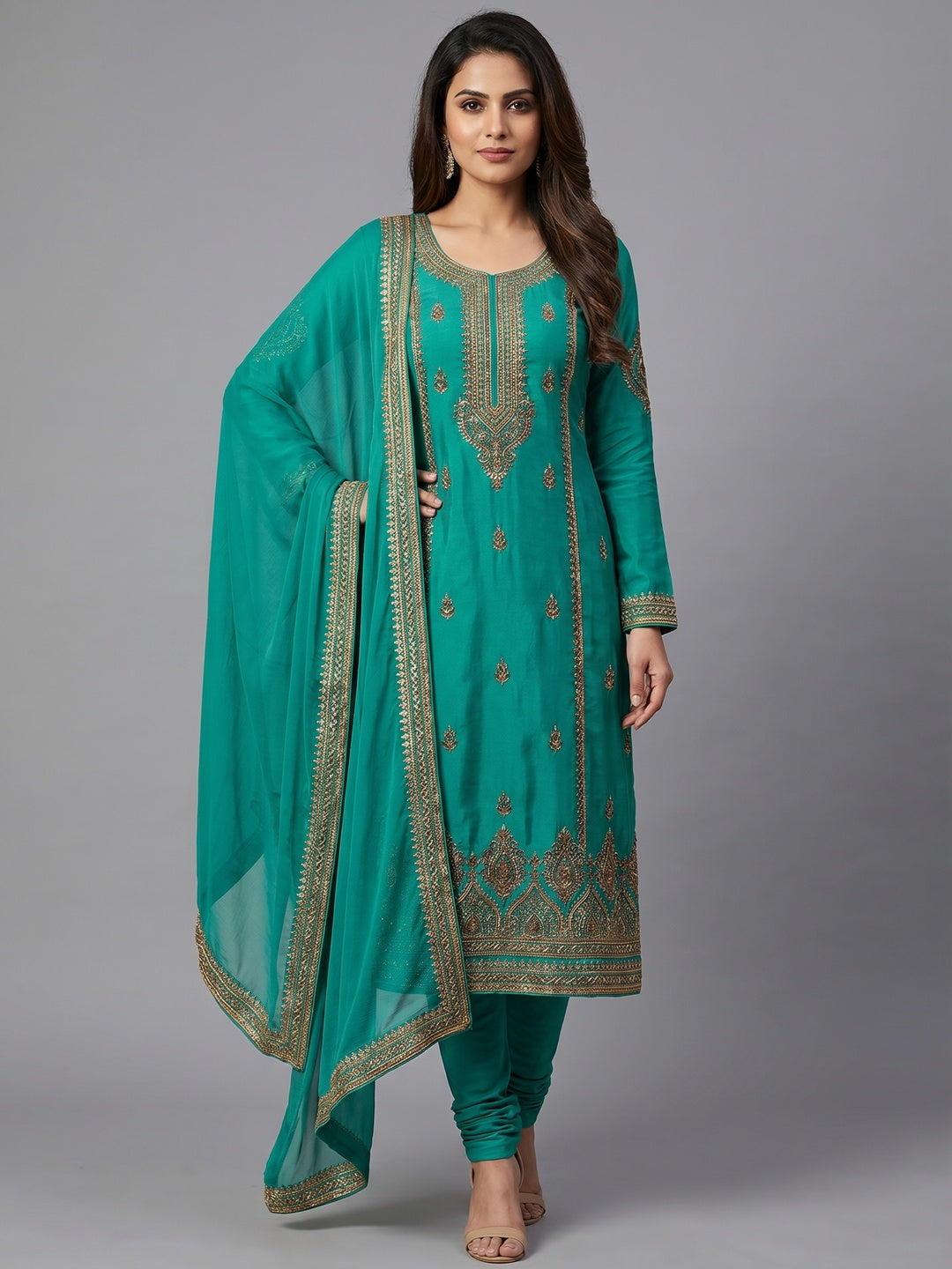 Groovy Turquoise Green Colored Casual Wear Embroidered Heavy Modal Silk Dress Material - Image 1
