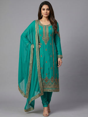 Groovy Turquoise Green Colored Casual Wear Embroidered Heavy Modal Silk Dress Material - Image 1