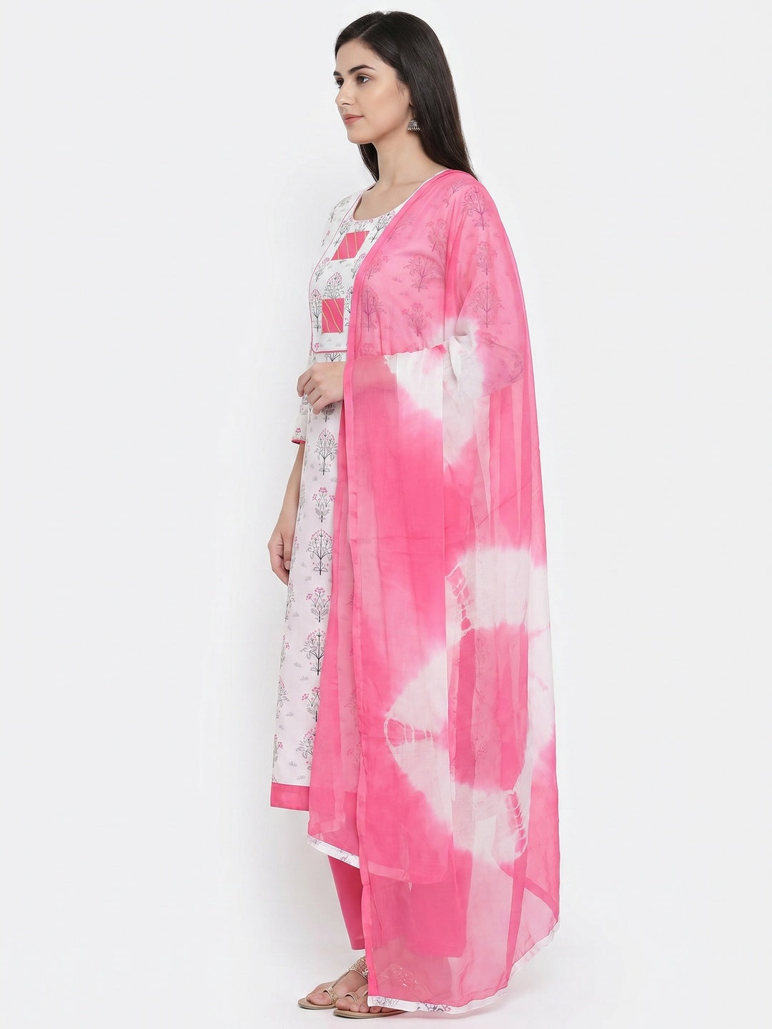 Elegant White - Pink Colored Casual Printed Cotton Dress Material - Image 3