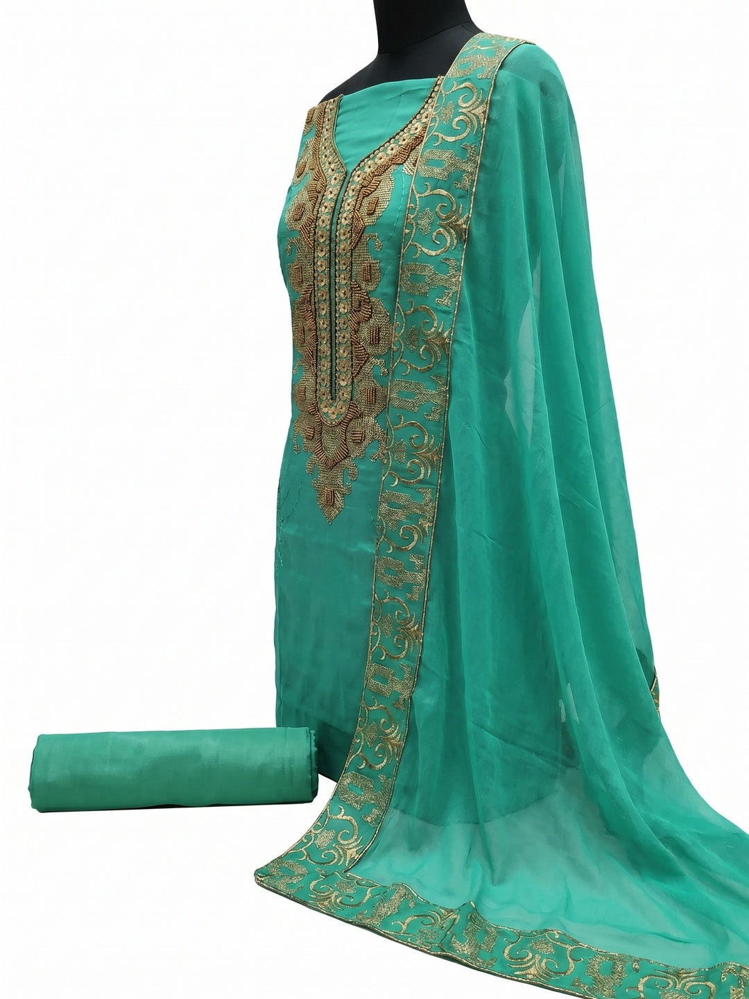 Groovy Turquoise Green Colored Casual Wear Embroidered Heavy Modal Silk Dress Material - Image 3