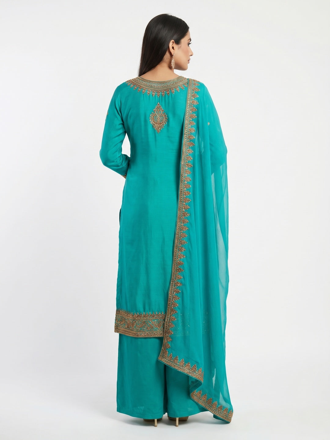 Groovy Turquoise Green Colored Casual Wear Embroidered Heavy Modal Silk Dress Material - Image 2