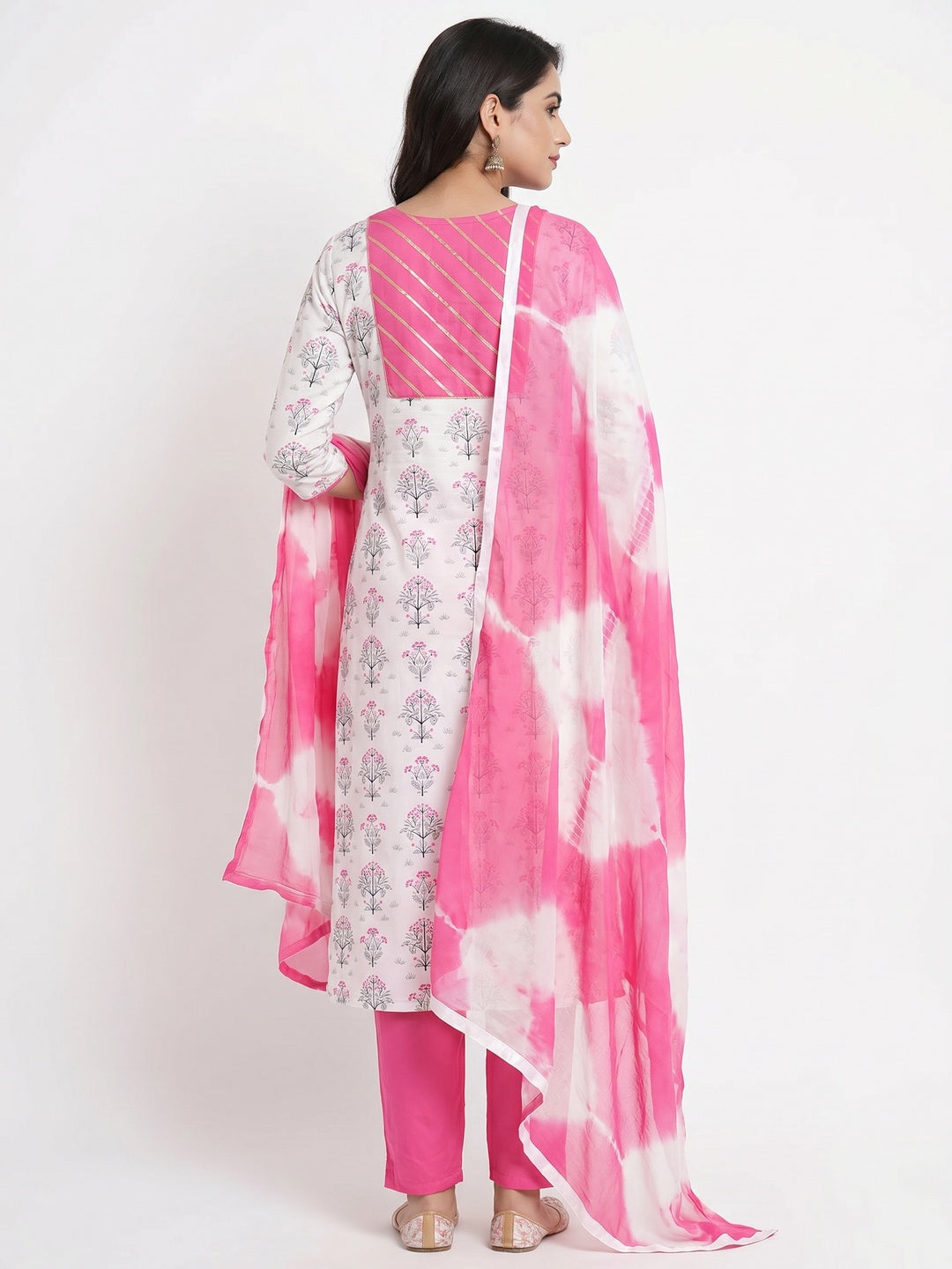 Elegant White - Pink Colored Casual Printed Cotton Dress Material - Image 2