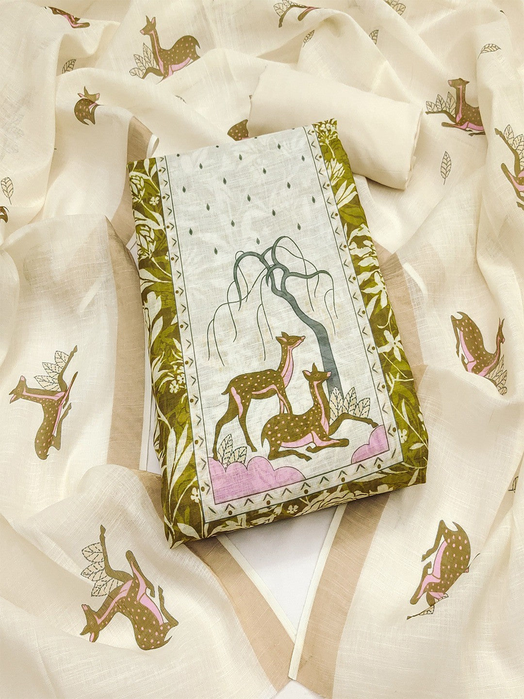 Elegant Green Linen Dress Material with Whimsical Deer Print - Image 1