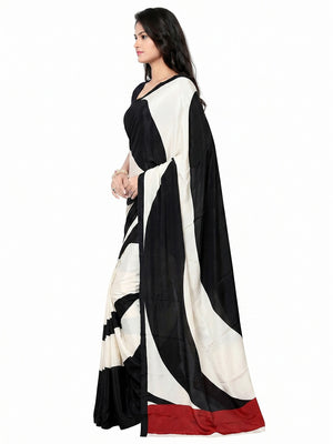 Black - Offwhite Printed Crepe Saree - Image 1