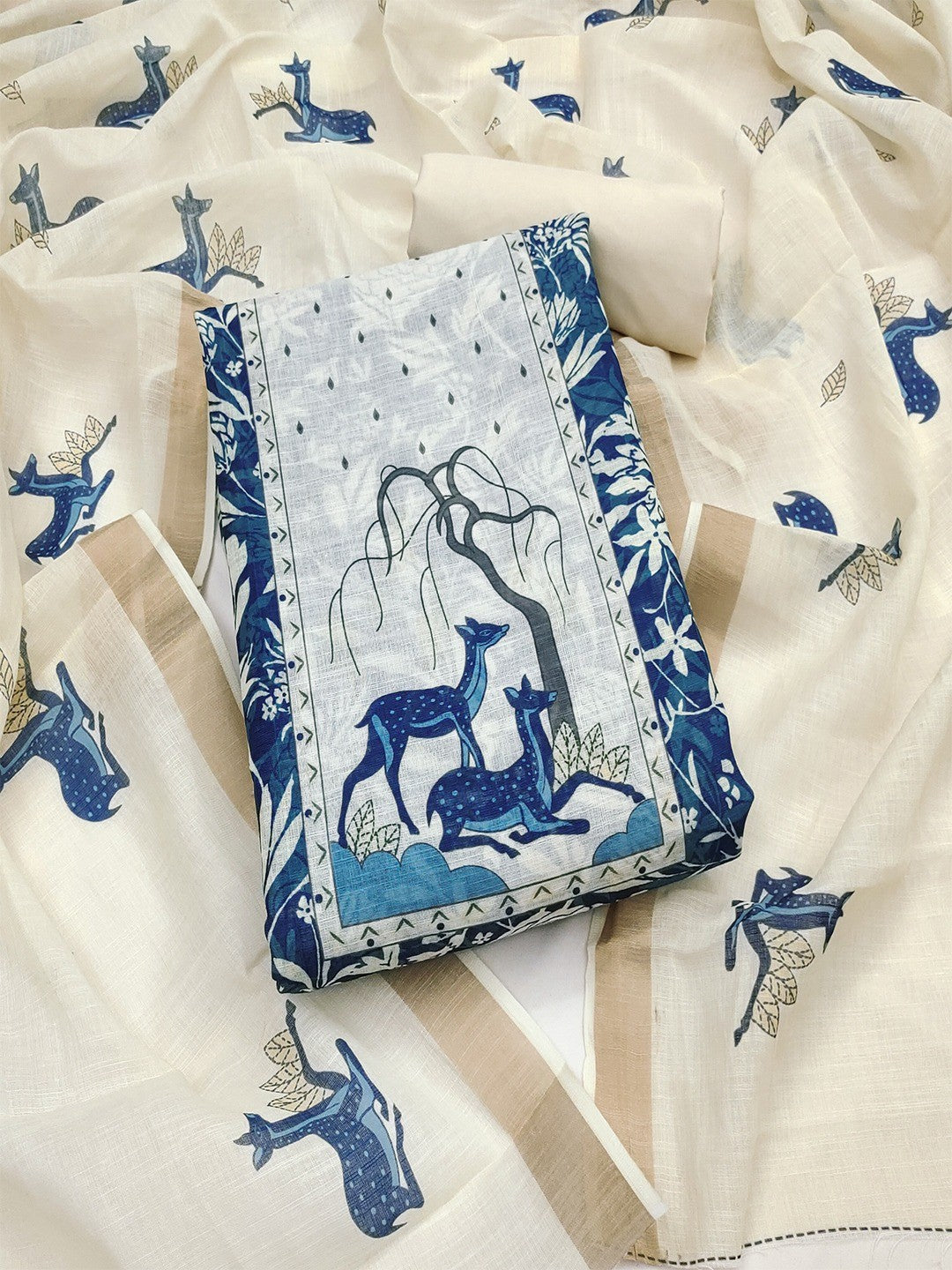 Blue Linen Dress Material with Floral & Animal Print Design - Image 1