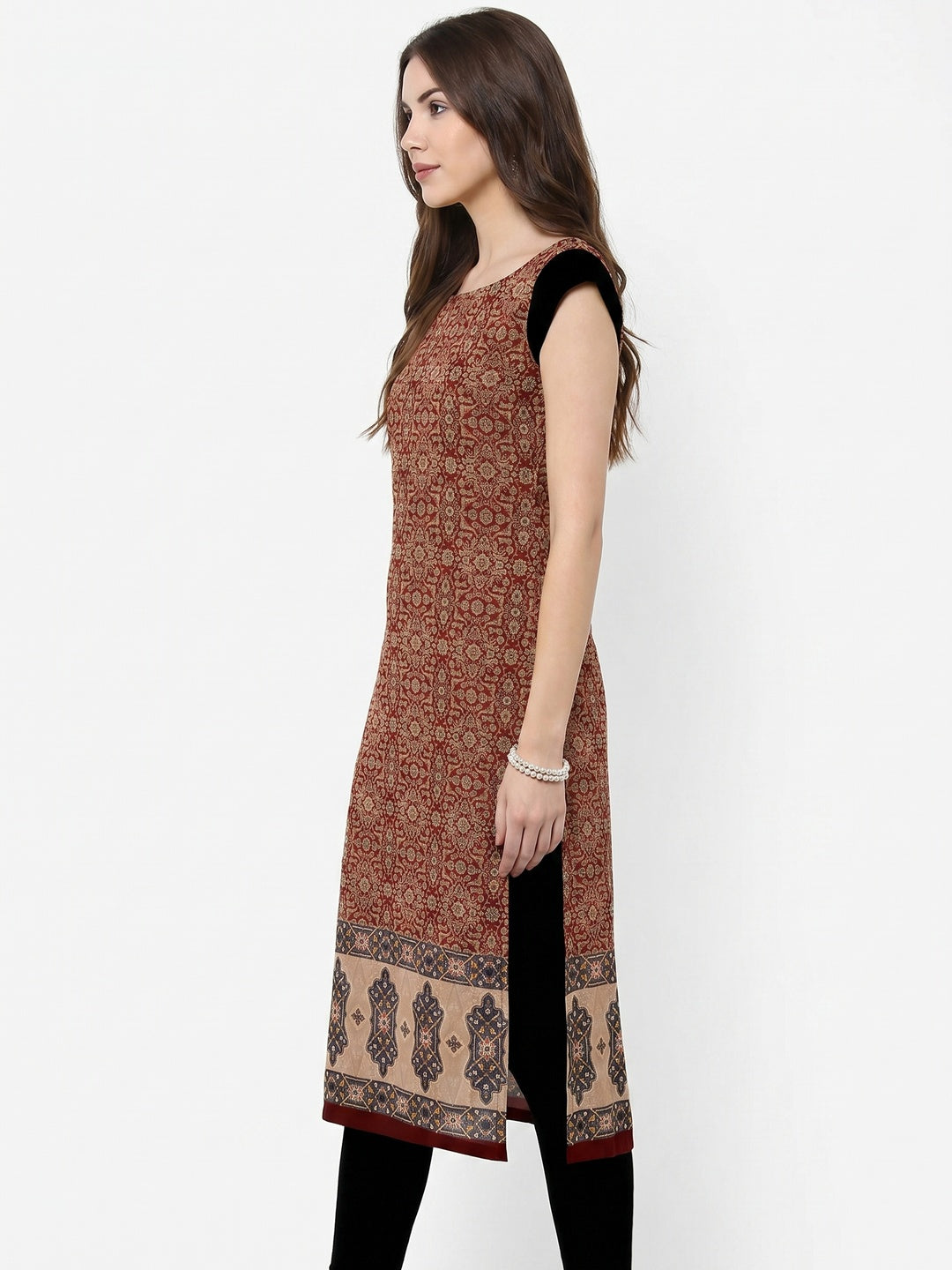 Attractive Maroon Colored Casual Printed Crepe Kurti - Image 1