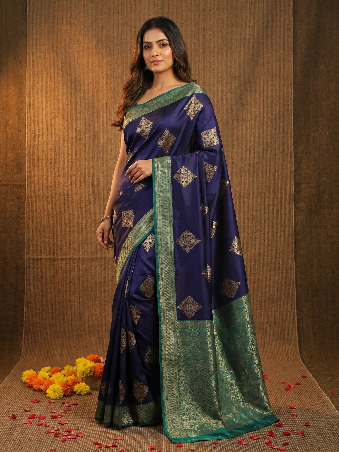 Breathtaking Navy Blue Colored Festive Wear Woven Soft Silk Saree - Image 1