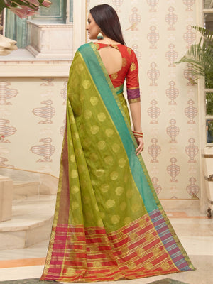 Flattering Parrot Green Colored Festive Wear Woven Cotton Handloom Saree - Image 1