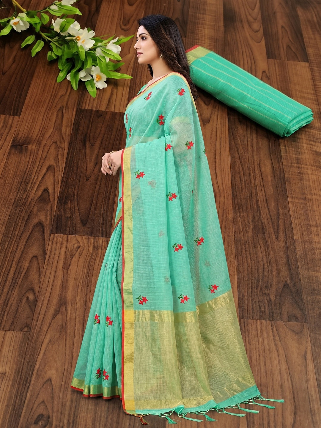 Arresting Aqua Green Colored Festive Wear Woven Silk Saree - Image 3