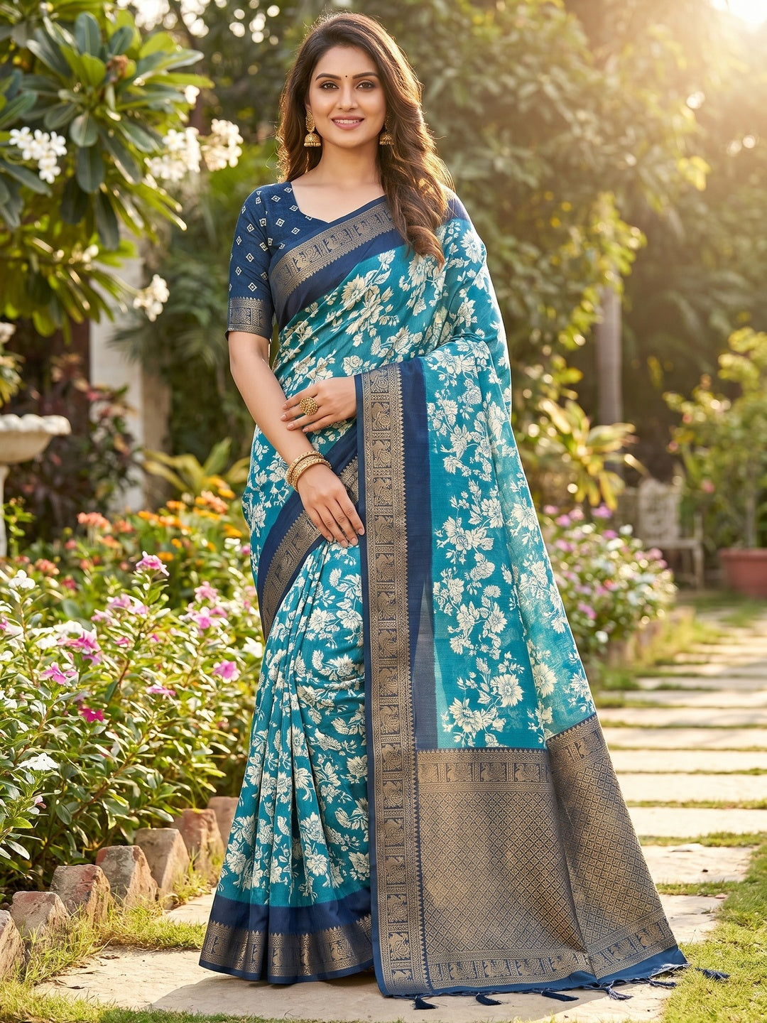 Luxurious Teal Blue Floral Print Dola Silk Saree With Intricate Peacock Motif Zari Woven Border