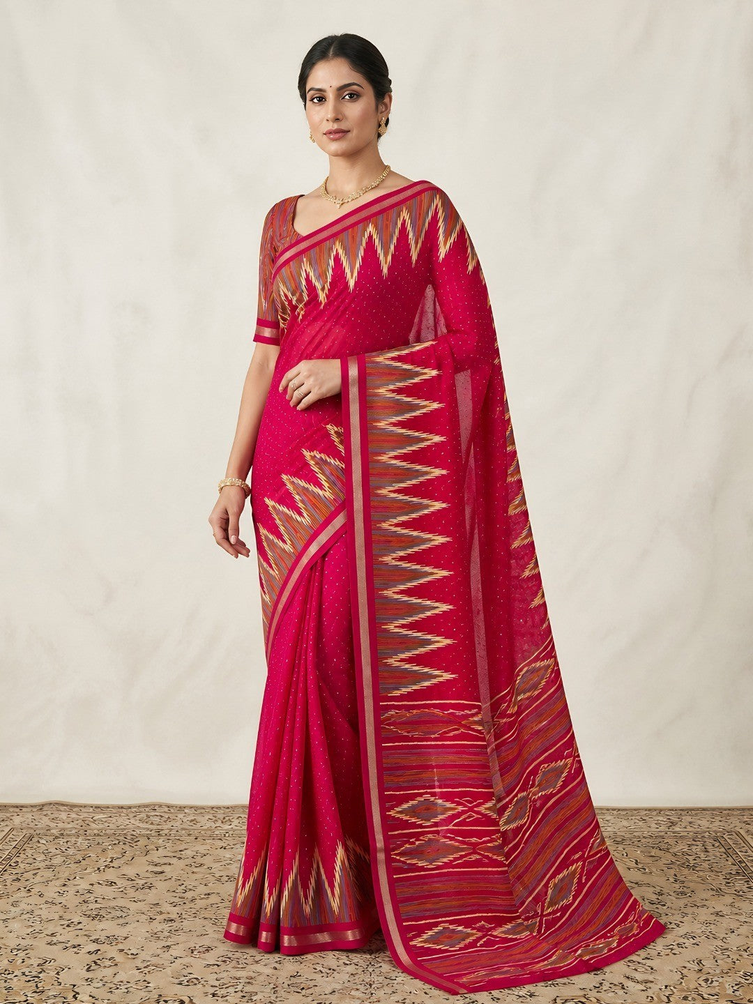 Classic Pink Ikkat Printed Mulmul Cotton Saree With Elegant Zari Weaving Border - Image 1