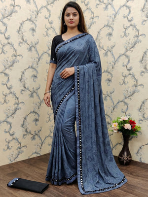 Blissful Grey Colored Festive Wear Woven Lycra Saree - Image 1