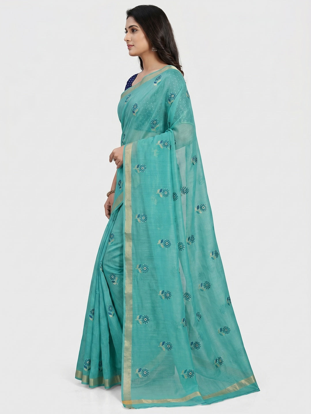 Charming Sea Green Colored Festive Wear Foil Printed Cotton Silk Saree - Image 2