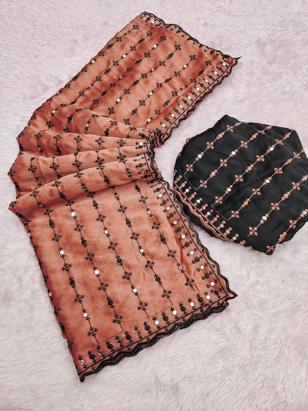 Peachmode Peach Viscose Saree with Floral Embroidery and Mirror Work - Image 4