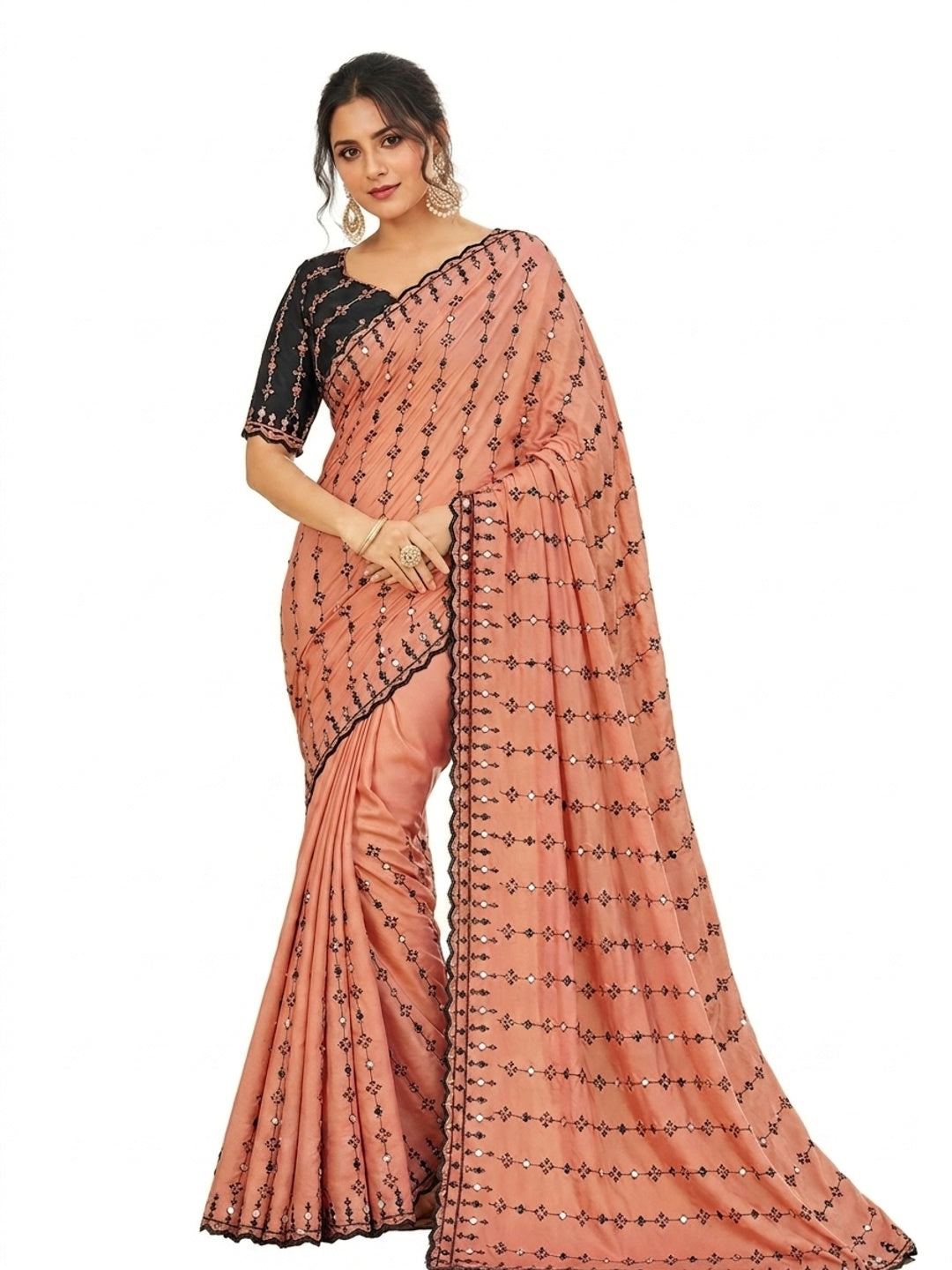 Peachmode Peach Viscose Saree with Floral Embroidery and Mirror Work - Image 6