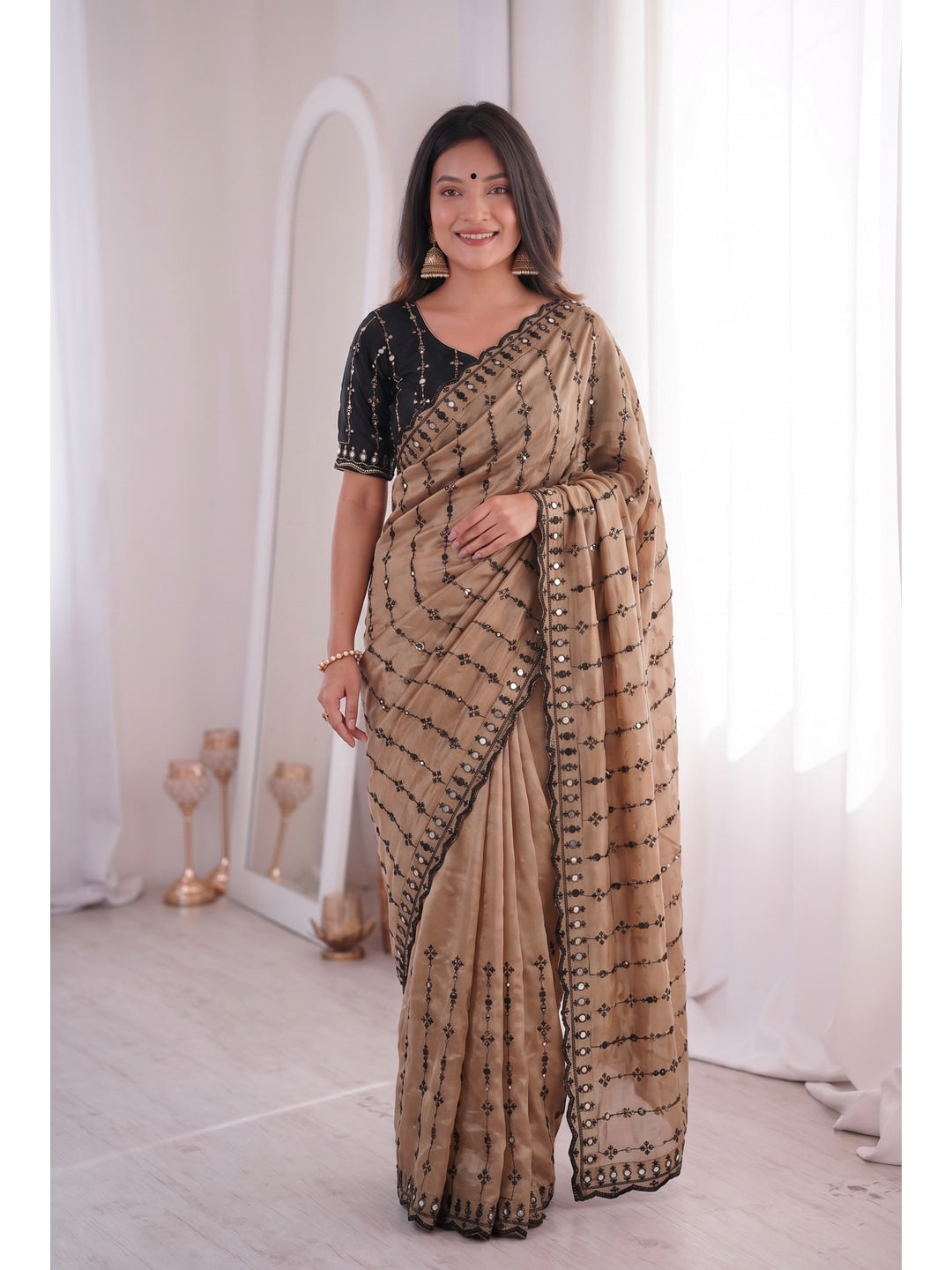 Peachmode Beige Viscose Saree with Floral Embroidery and Mirror Work - Image 4