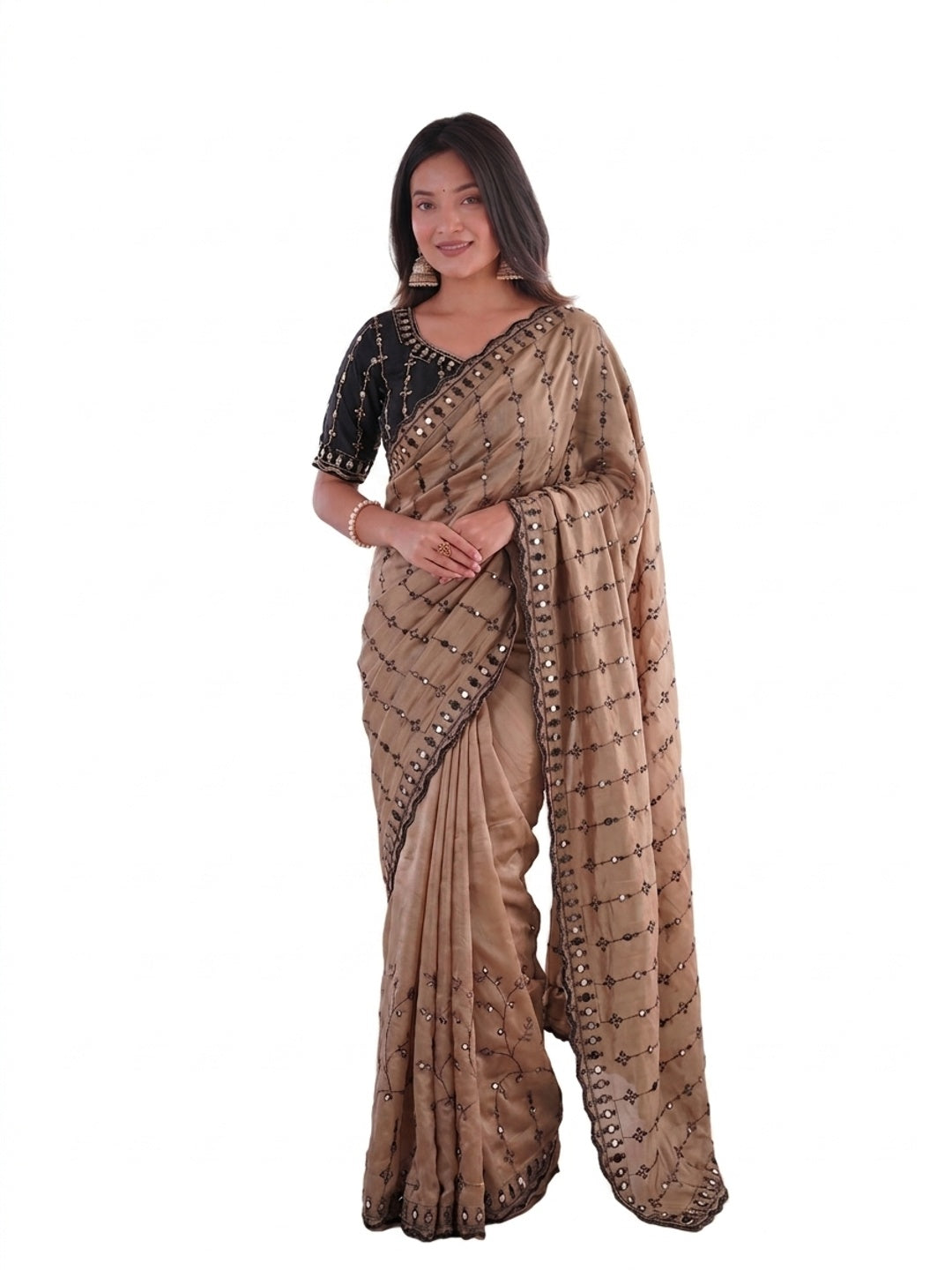 Peachmode Beige Viscose Saree with Floral Embroidery and Mirror Work - Image 9