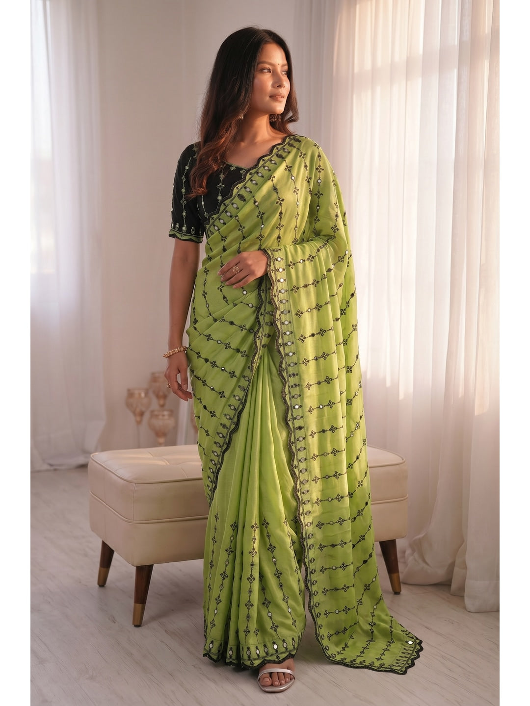 Peachmode Green Viscose Saree with Floral Embroidery and Mirror Work - Image 3