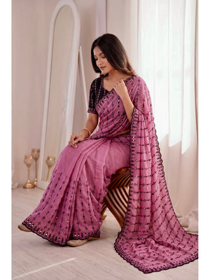 Peachmode Pink Viscose Saree with Floral Embroidery and Mirror Work - Image 1