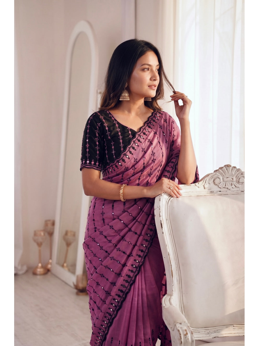 Peachmode Pink Viscose Saree with Floral Embroidery and Mirror Work - Image 3