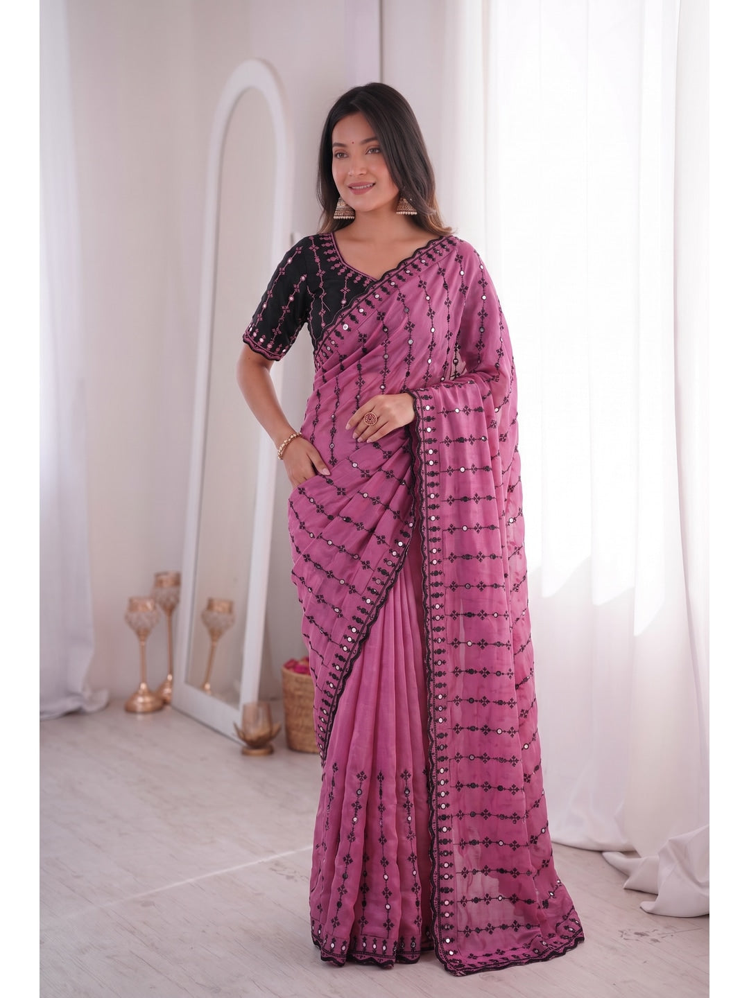 Peachmode Pink Viscose Saree with Floral Embroidery and Mirror Work - Image 4