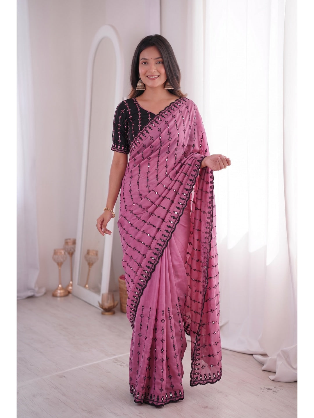 Peachmode Pink Viscose Saree with Floral Embroidery and Mirror Work - Image 5