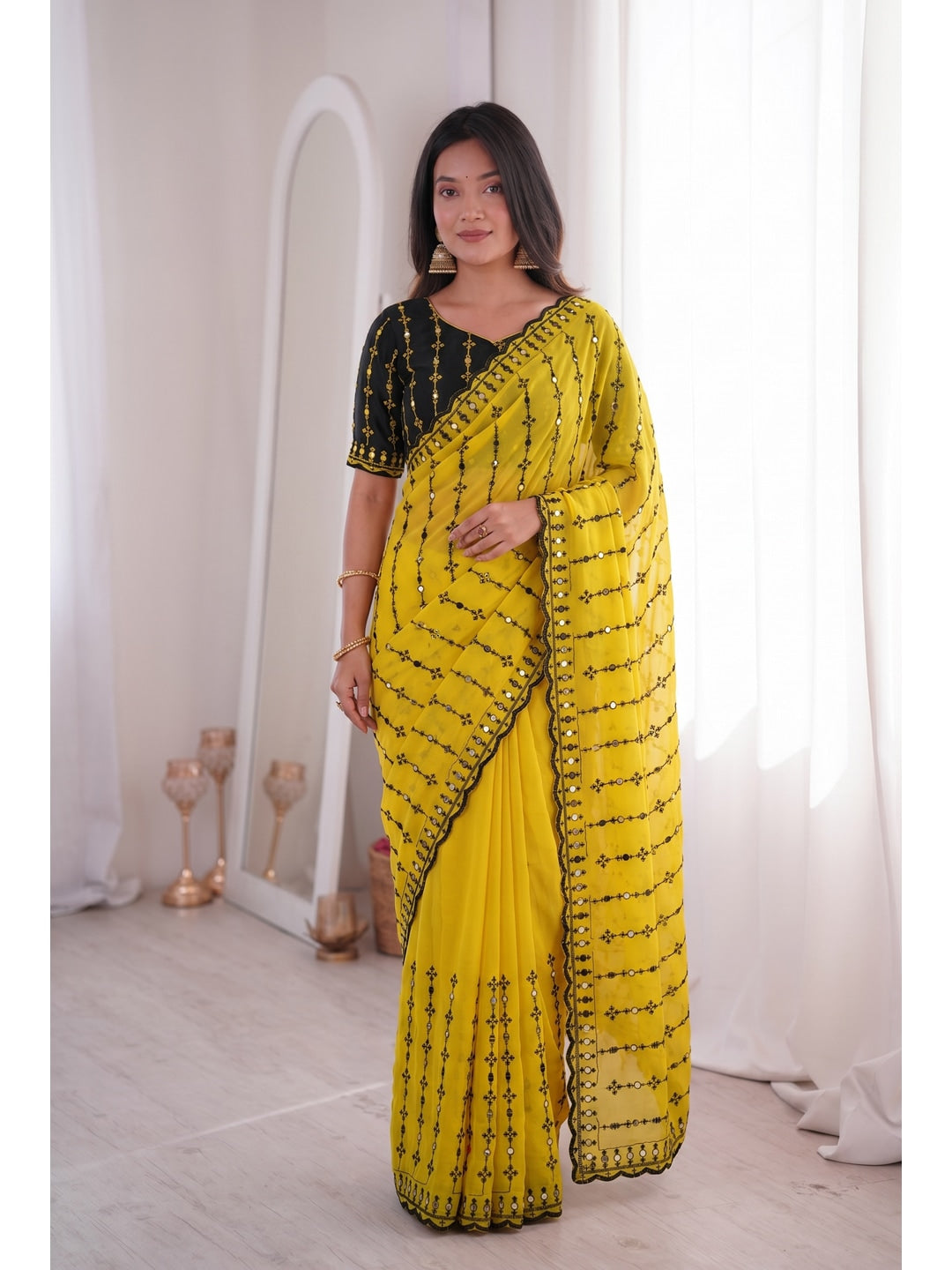 Peachmode Yellow Viscose Saree with Floral Embroidery and Mirror Work - Image 2