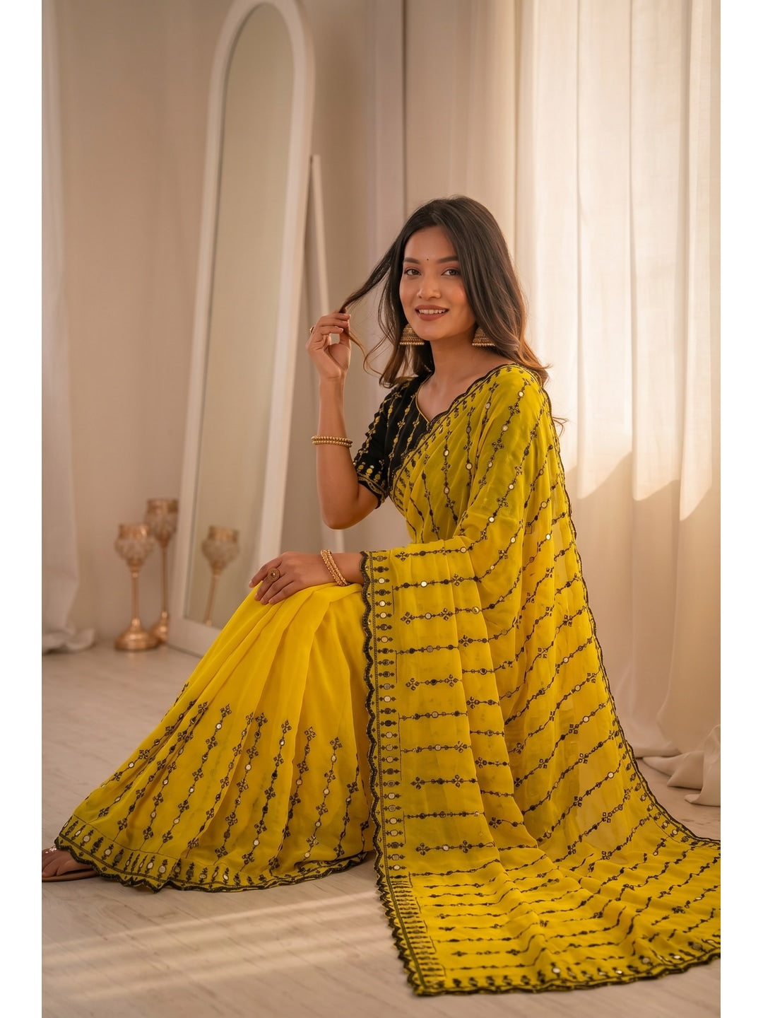 Peachmode Yellow Viscose Saree with Floral Embroidery and Mirror Work - Image 3